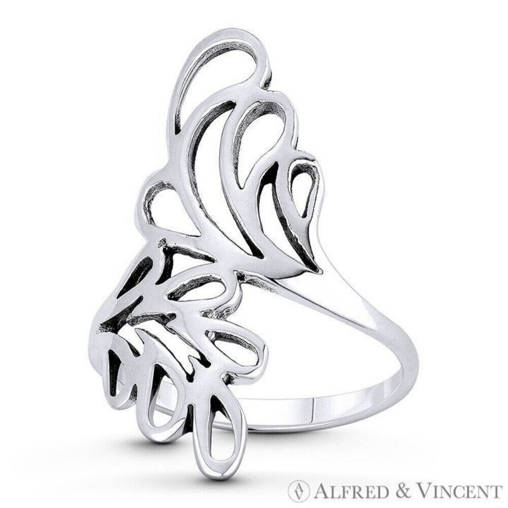 Branch & Leaf Charm Boho Statement Ring in .925 Sterling Silver - Size 6